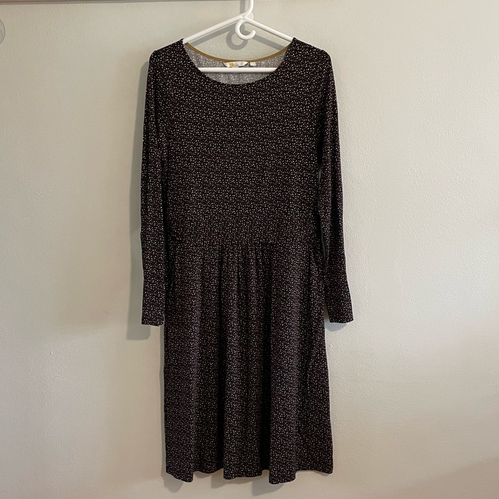 EUC Boden Fit & Flare Abigail Long-Sleeve Dress Black Micro Polka Dots Size 10